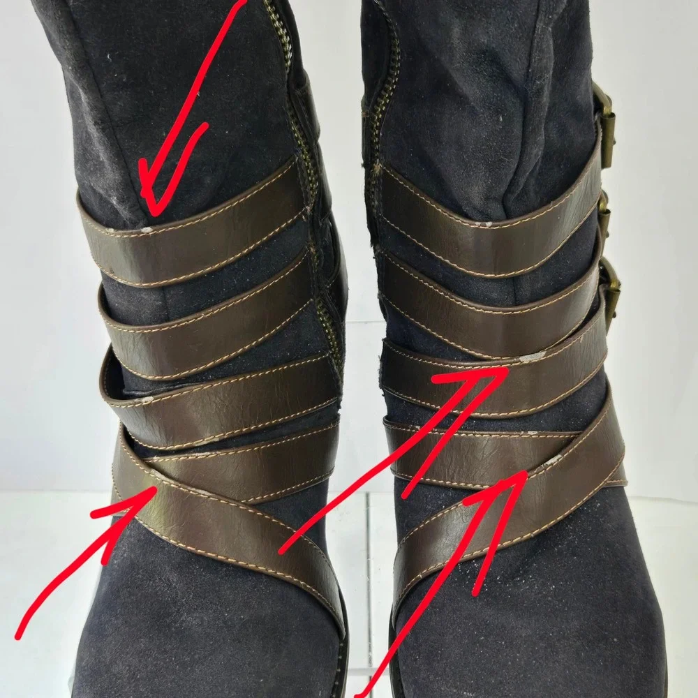 Cato Womens Size 9 Black Faux Suede Knee High Boots Brown Buckle Straps 37830346